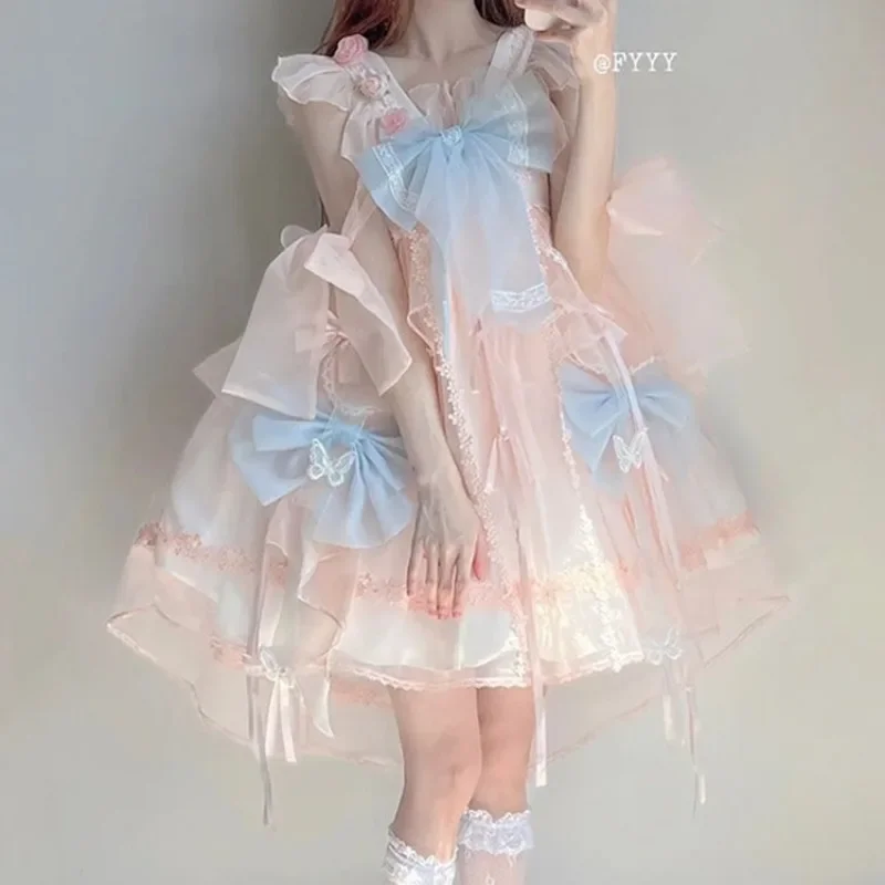 Chinese Traditionele Roze Kanten Strik Lolita Jurk Dameskleding 2024 Zomer Lieve Meisjes Theekransjurk Kawaii Carnaval Jurken