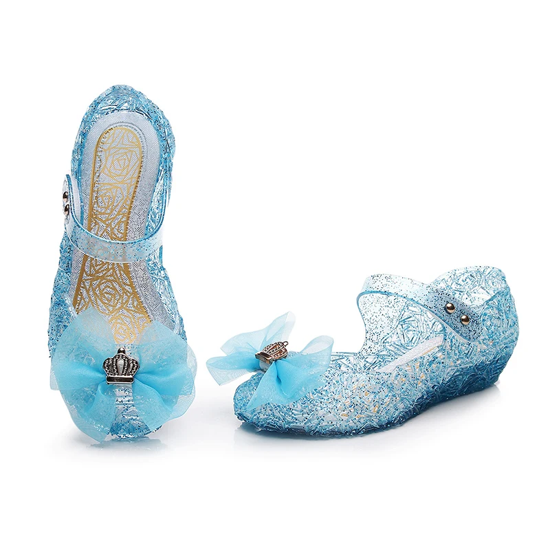 Children's Bow Shiny Princess Sandals for Girls Kids Christmas Snow Queen Elsa Sleeping Beauty Aurora Mermaid High Heels Shoes