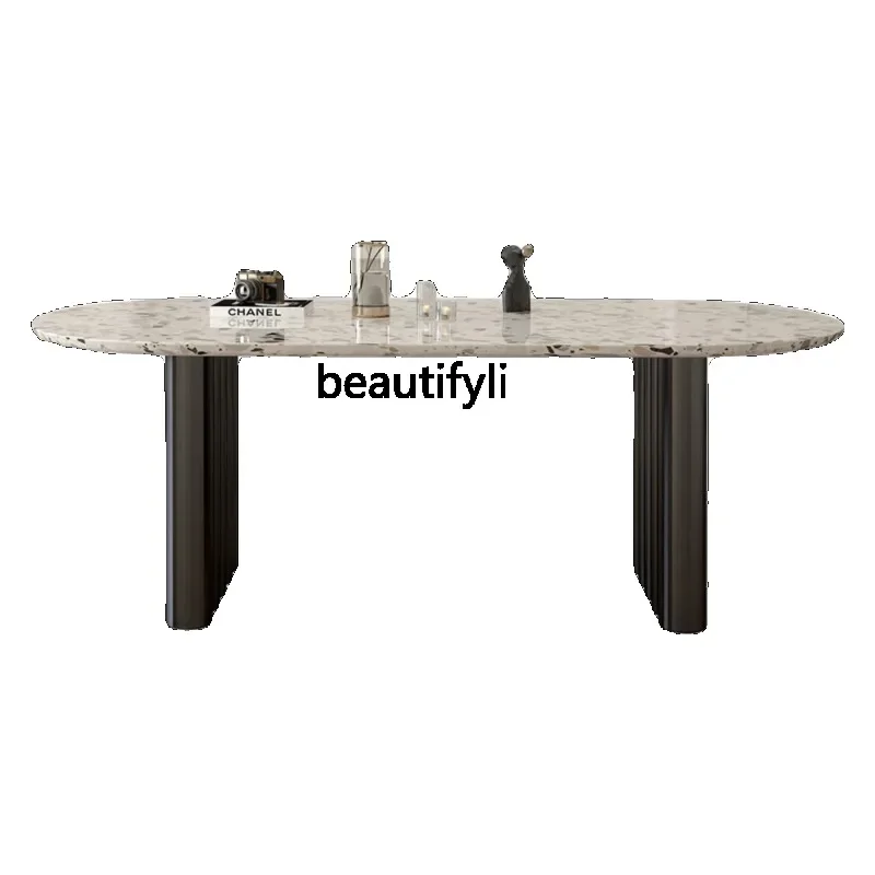 TTT French terrazzo marble dining table Modern light luxury oval cream style simple table