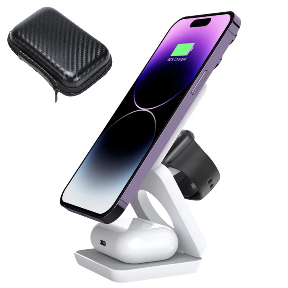 3 In 1 Foldable Magnetic Wireless Charg-er Stand For IPhone 15 14 13 IWatch 8 7 Air-Pods Pro Dock Station Fast Charging Holder