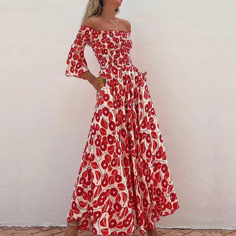 

Summer Lady Graphic Print Pleat Long Dress Elegant Women Elastic Waist Boho Dress Sexy Cold Shoulder Flare Sleeve A-line Dress