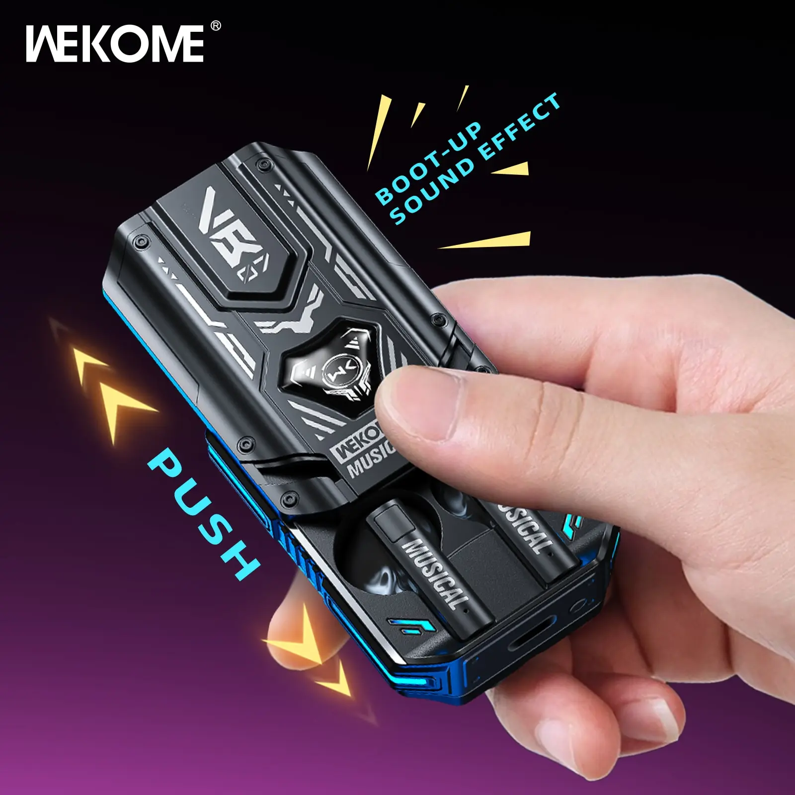 WEKOME Wireless Bluetooth Earbuds Mecha Style Music Earphones, Rail Slider Opening, Low Latency Finger Touch Control for Gamer