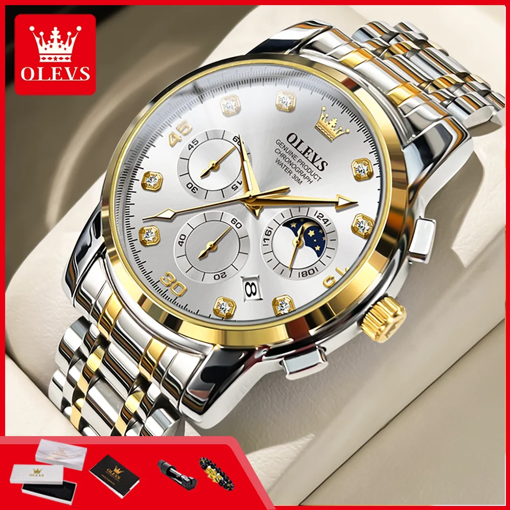 OLEVS 2889 Men's Watches Classic Multifunction Luminous Chronograph Moon Phase 24 Hour Waterproof Quartz Wristwatches for Man