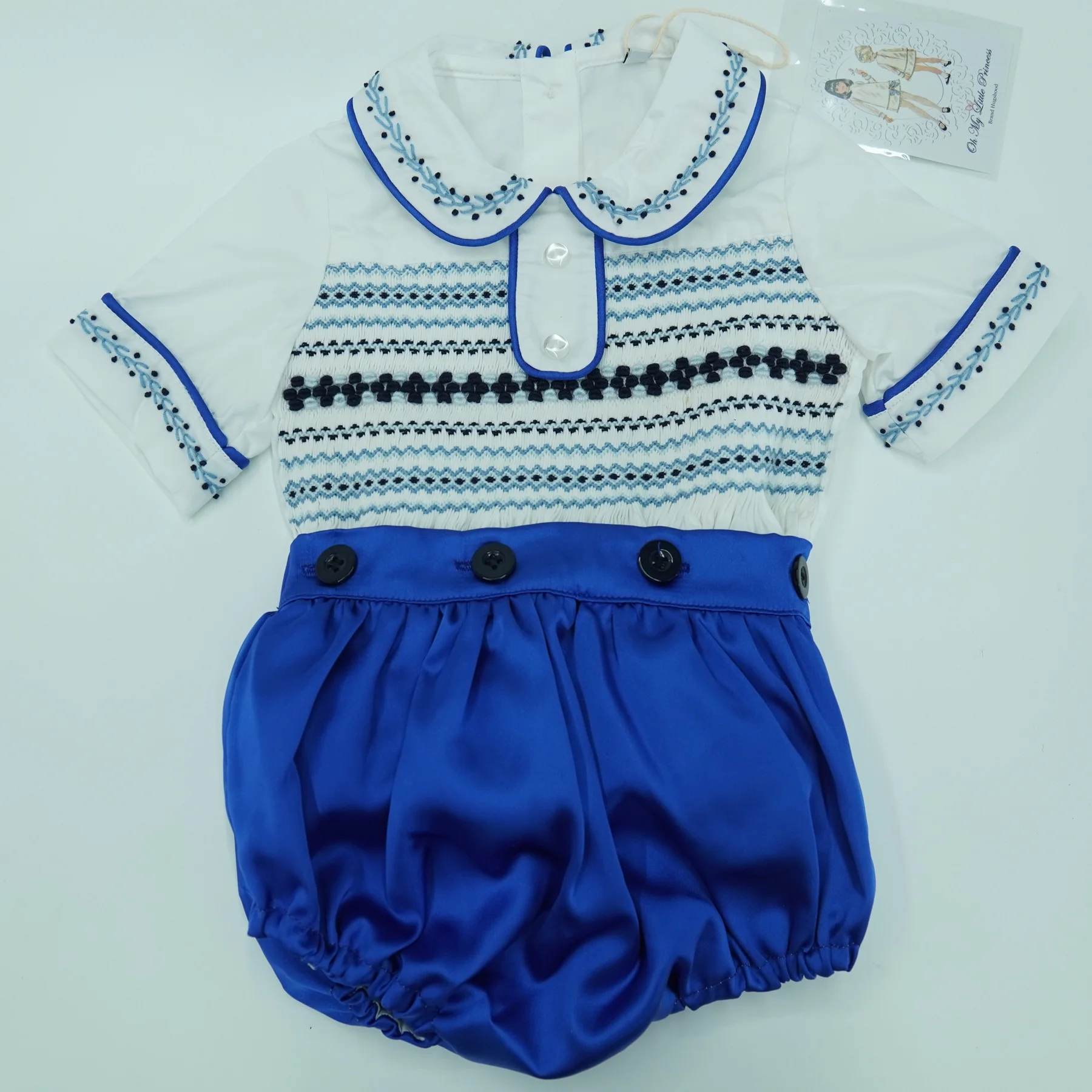 0-6Y Boy Summer White Blue Smocked Outfit Suit for Birthday Party Photograph  A90