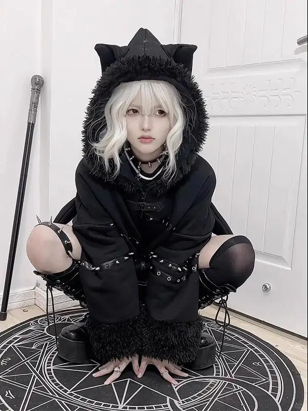 Japanese Harajuku Subculture Punk Dark Rivet Cat Ears Hooded Zipper Fleece Thickened Warm Sweatshirt Jacket Coats Women Winter