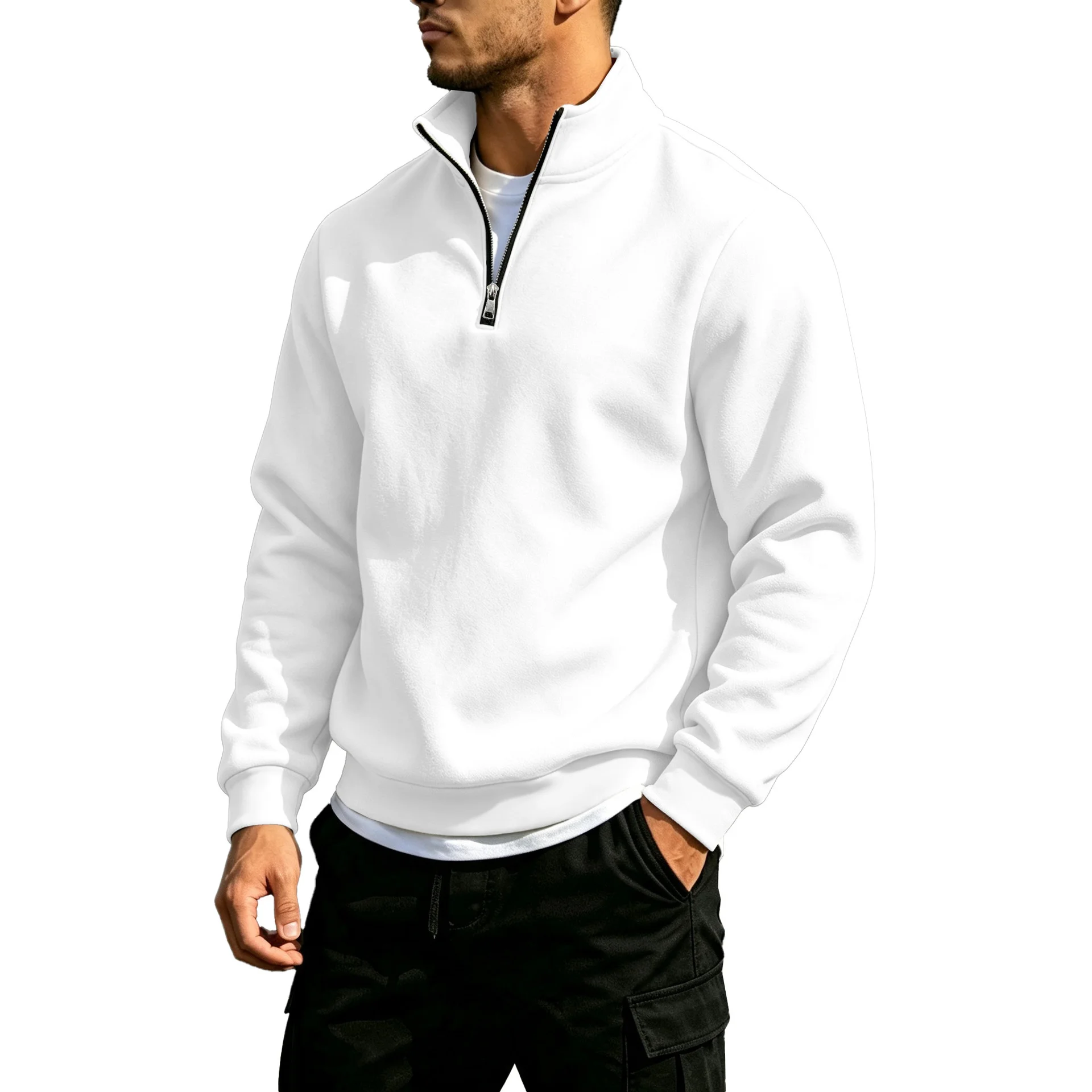 Autumn and winter men's stand up collar casual half zipper stand up collar loose pullover hoodie long sleeved base shirt