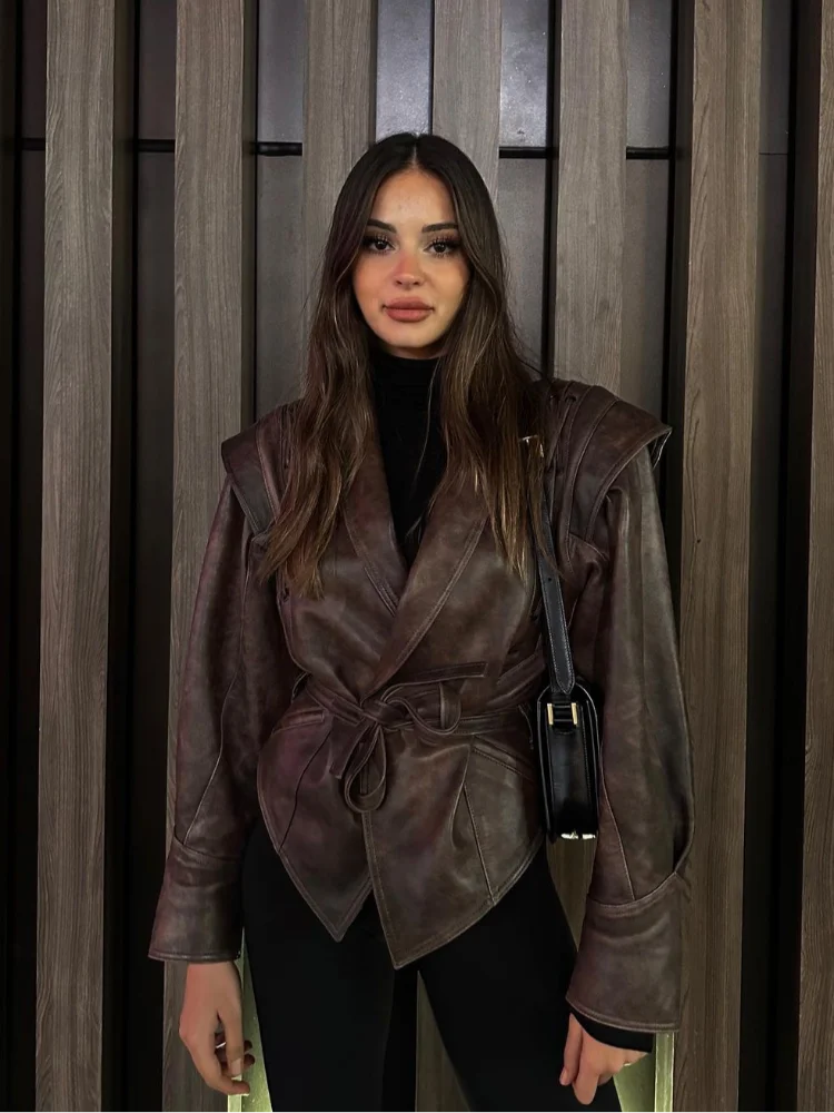 ZBZA Damen Schnürjacke aus PU-Leder, Vintage, einfarbig, lange Ärmel, Reverstasche, mit Gürtel in