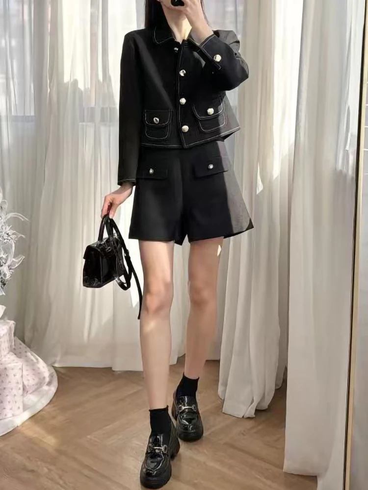 Spring New Fashion Gold Buttons Bright Thread Decorative Coat Women temperament High Waist Shorts or A-Line Mini Skirt Set 2025