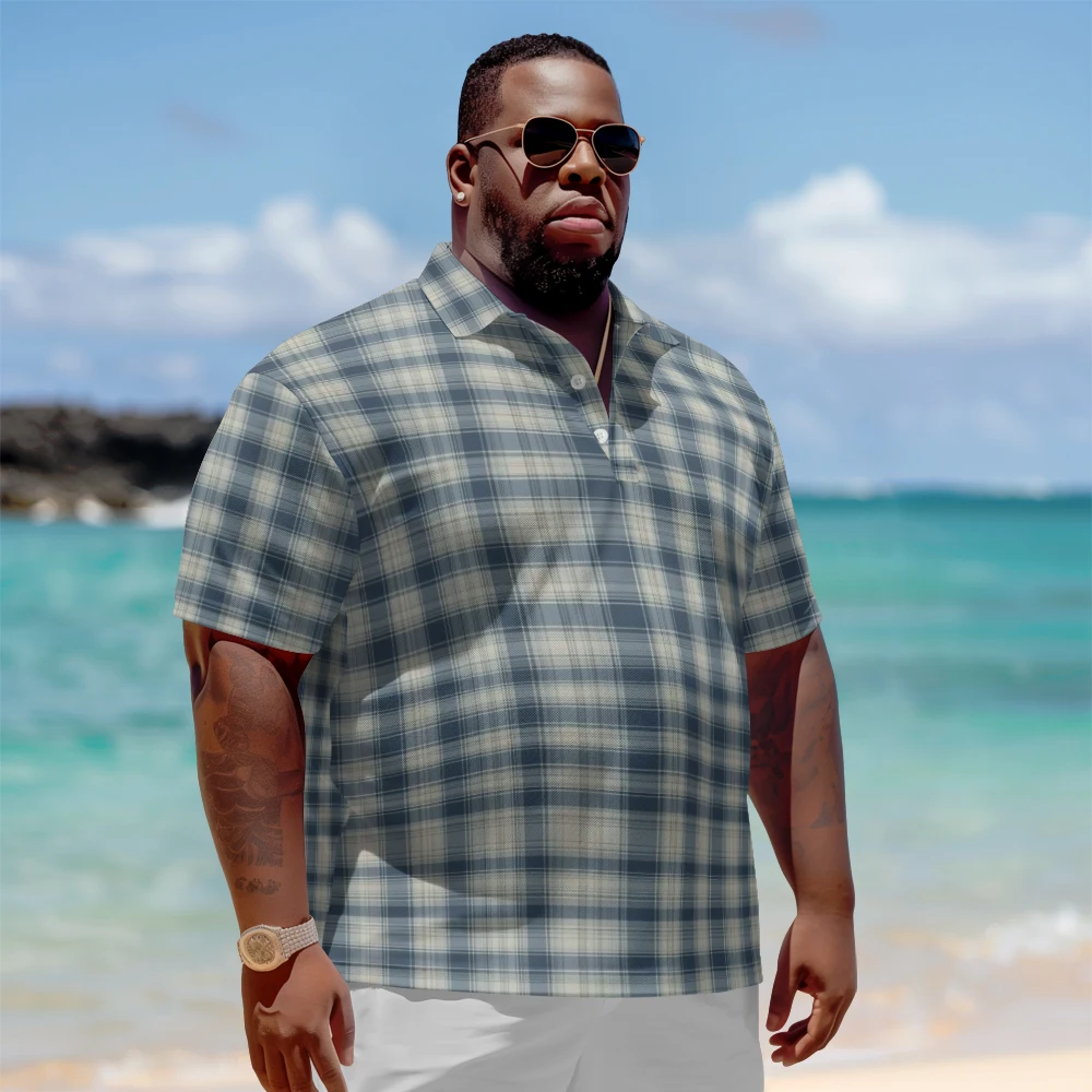 

1 men's plus size polo shirt with summer blue checkered print casual lapel button suitable for shopping and golf