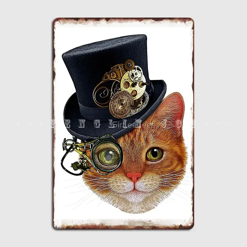 Orange Cat With Steampunk Hat And Monocle Poster Metal Plaque Cinema Kitchen Living Room Design Plaques Tin Sign Poster
