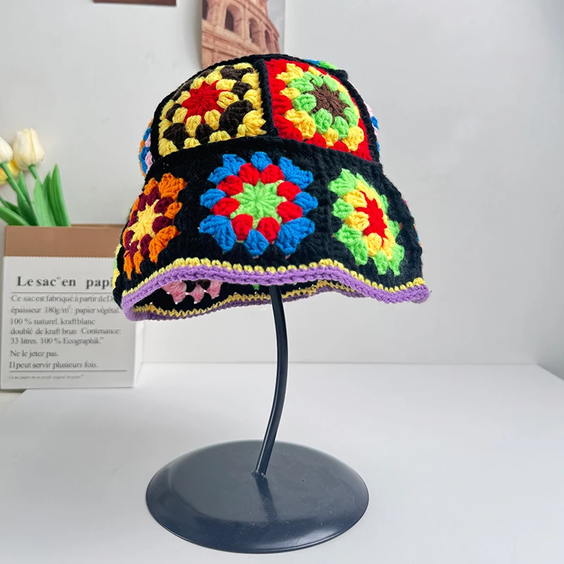 Handmade Crochet Bucket Hat Women Autumn Winter Flower Knit Beanies INS Korean Casual Beanies Panama Cap Fisherman Hat view 2