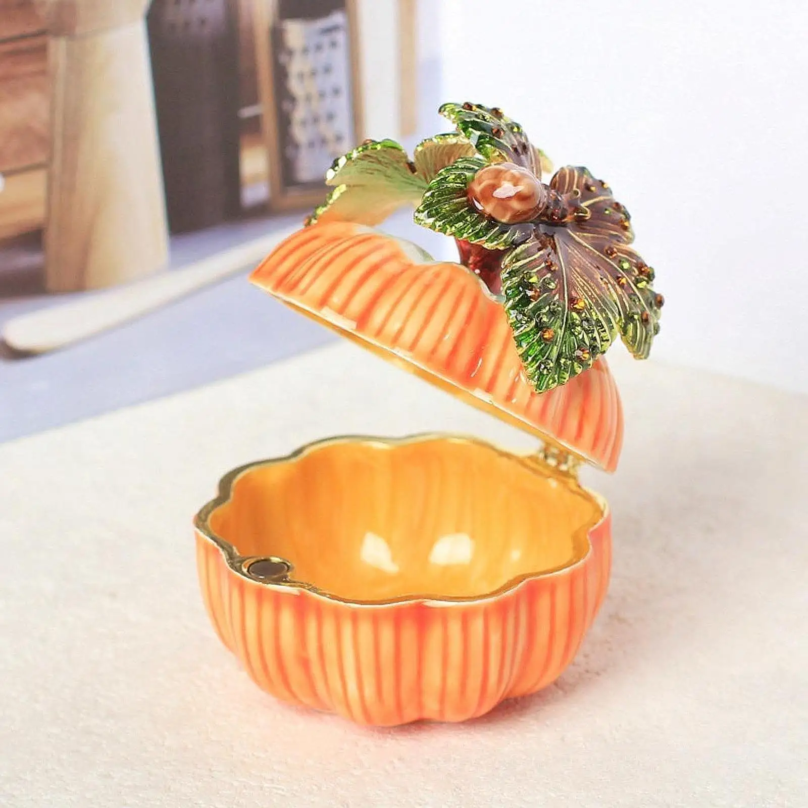 Enameled Jewelry Box Pumpkin Trinket Box Metal Treasure Chest Box Delicate