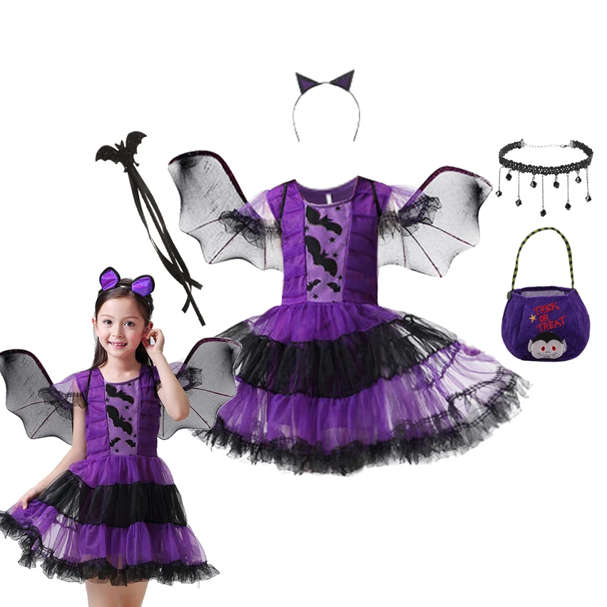 

Halloween Baby Girls Purple Bat Costume Kids Cosplay Witch Vampire Dress Role Play Carnival Party Clothing With Wing Headband