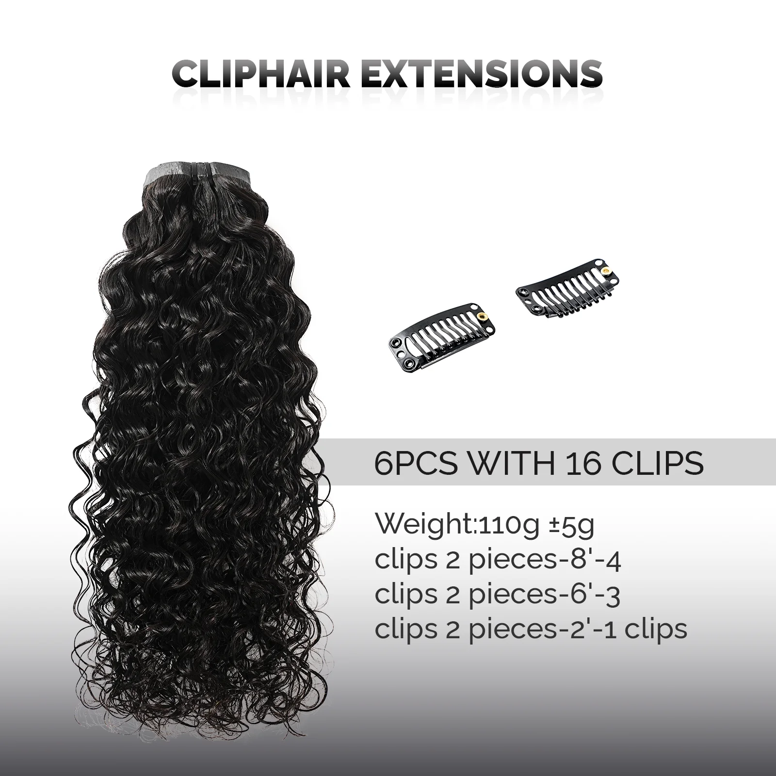 Powcign Clip In Hair Extensions Six-Piece Set Water Wave Human Hair 100% Remy Hair Seamless Weft Clip Ins For Women