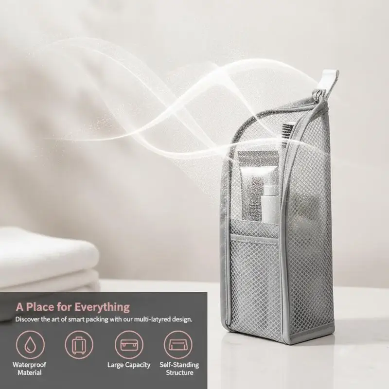 New！Waterproof Self Standing Toiletry Bag Large Capacity Multi Mesh Pockets For Travel