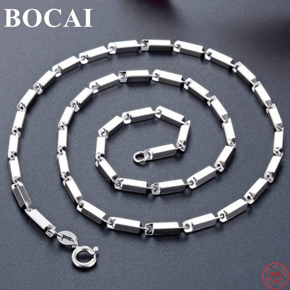 

BOCAI S925 Sterling Silver Necklace New Fashion 2.6mm Embossed Square Pillar Pure Argentum Jewelry for Men Women