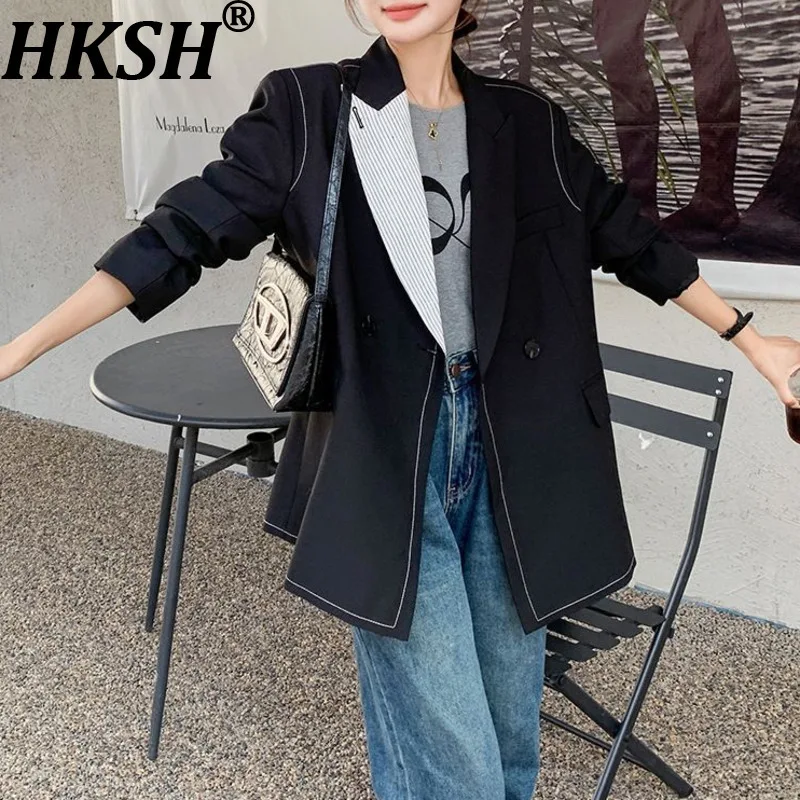 HKSH 春秋の新作レディースブレザー非対称カラーブロックダブルブレストポケットシックな韓国多用途カジュアルジャケット HK14379