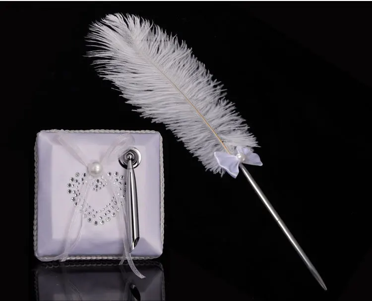 White Wedding Ring Pillow Vintage Wedding Guest Book and Pen Set Party Wedding Signature Guest Book Hearts Wedding Guestbook