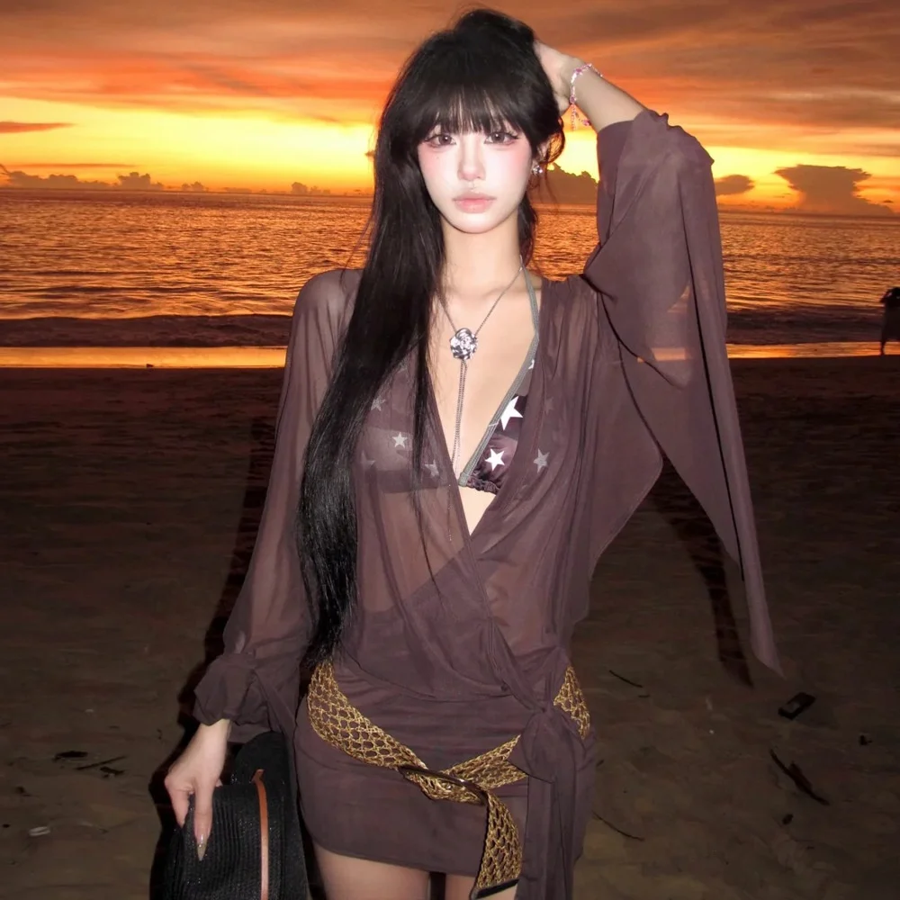 

2026 Сексуальный купальник-бикини с вырезами и длинными рукавами, пляжная накидка для женщин, термокостюм для плавания, треугольный фасон