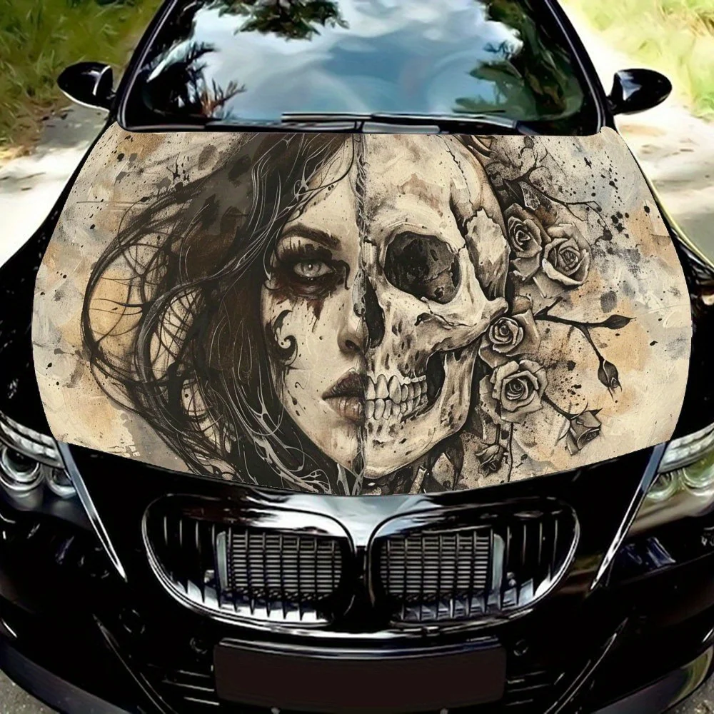 

Gothic Half Skull Portrait Car Hood Vinyl Wraps Sticker, Car Engine Decal, Waterproof Self-adhesive Car Packaging Cover, Univers