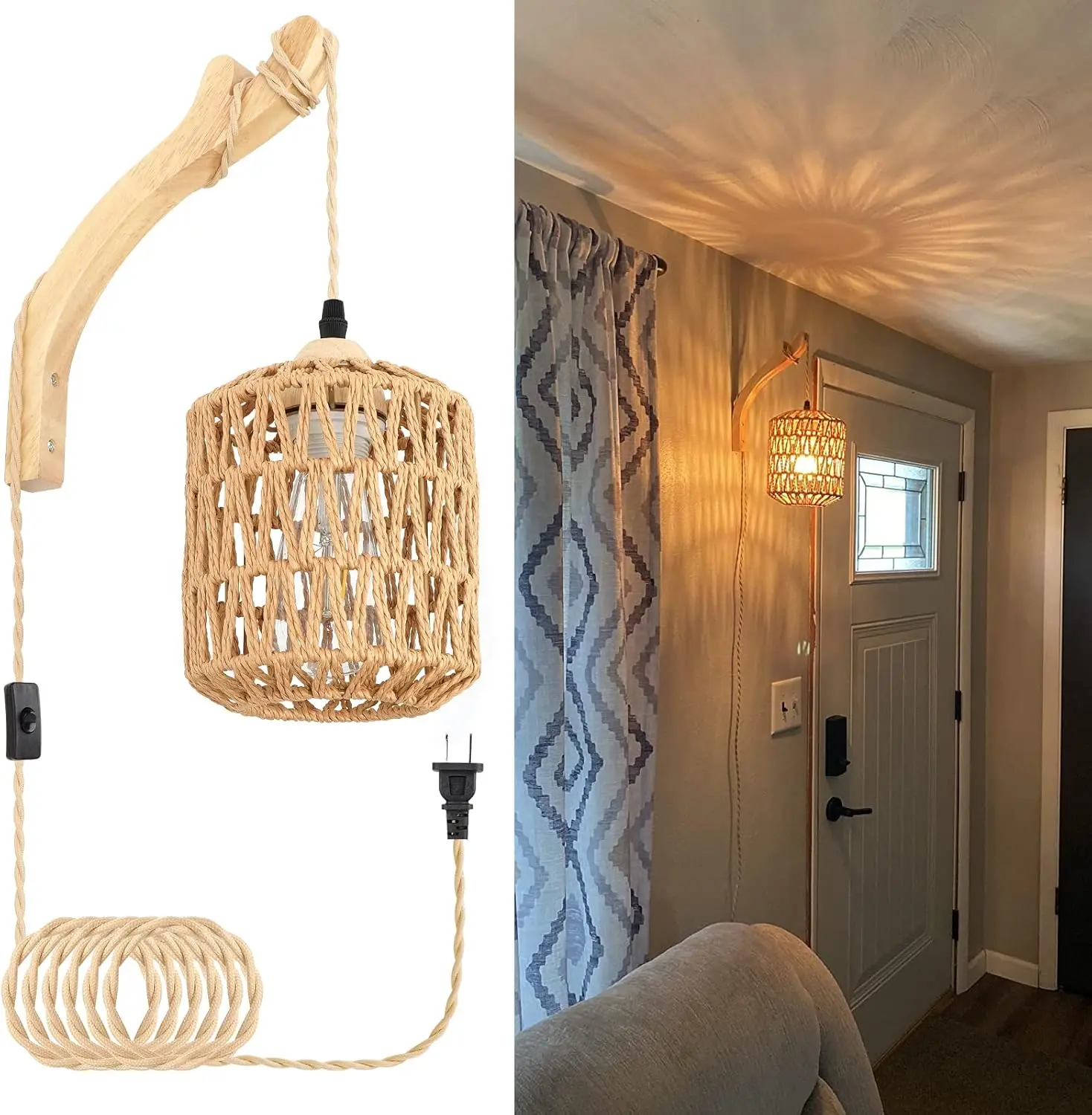

Hand Woven Rattan Wall Lamp with Plug in Cord, Farmhouse Sconce for Bedroom Living Room Lighting