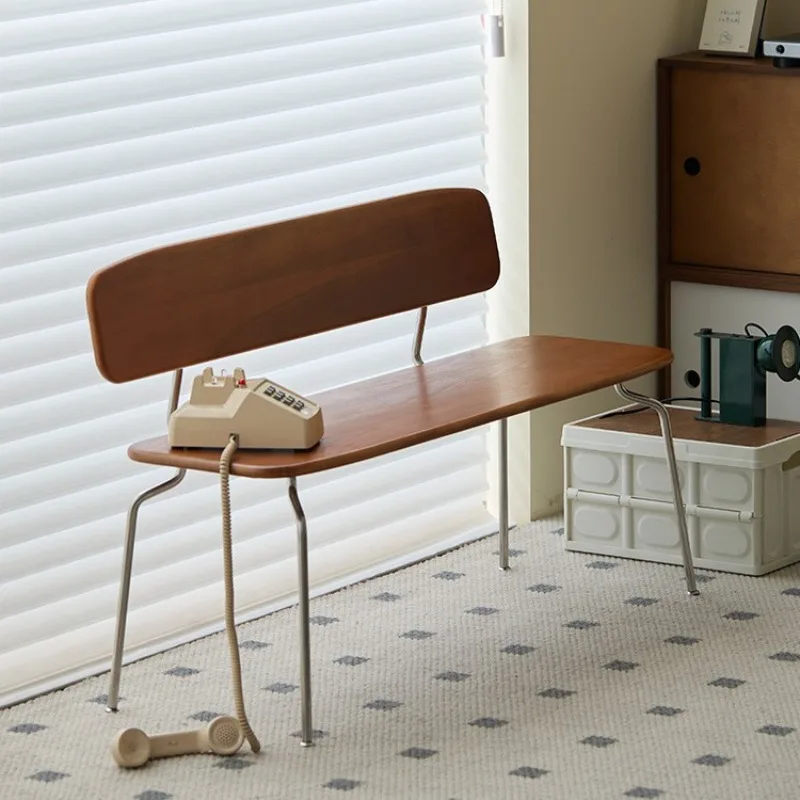 

Solid wood bench Stainless steel living room backrest Bench stool Home dining chair Bench teak color