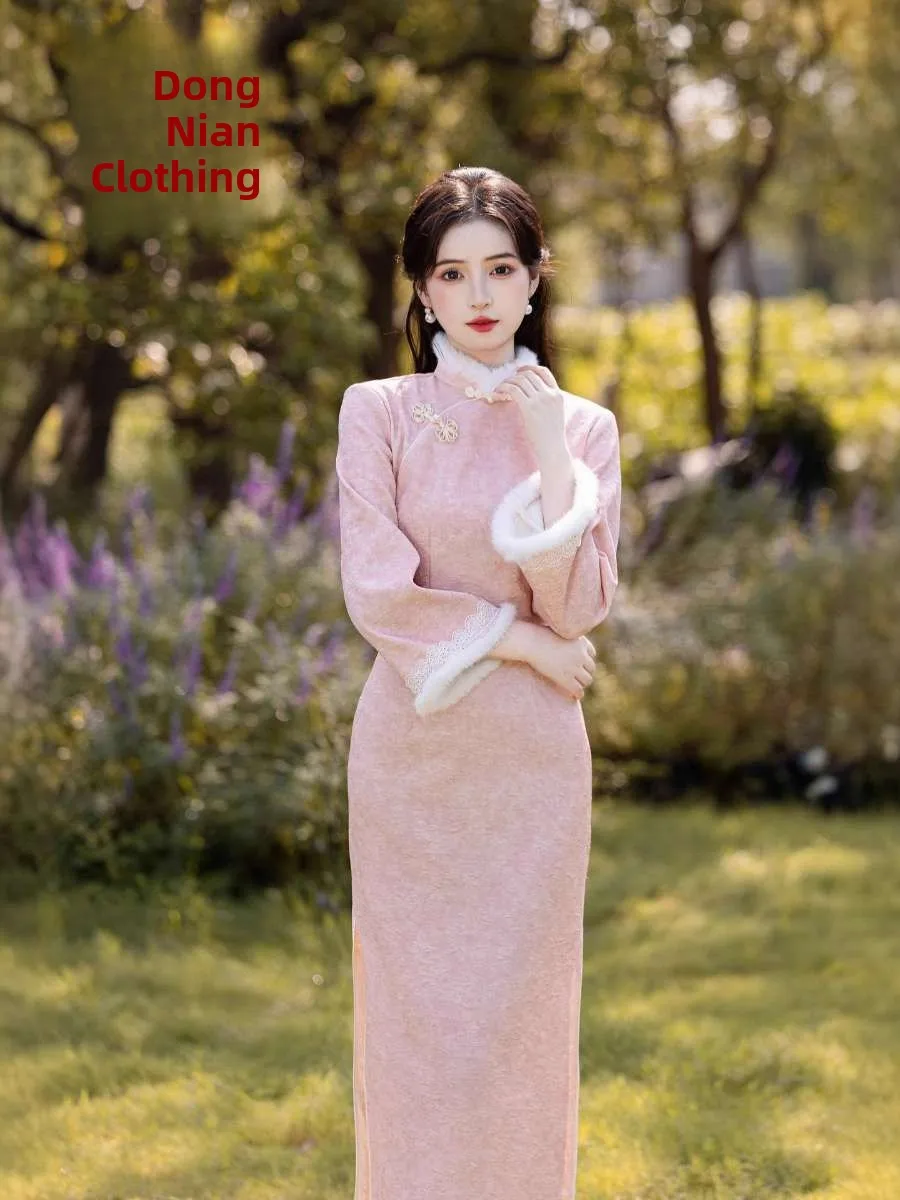 

Новый зимний женский халат из вельвета с цветочной вышивкой, с рукавами-колоколами и широкими рукавами, на мягкой флисовой подкладке