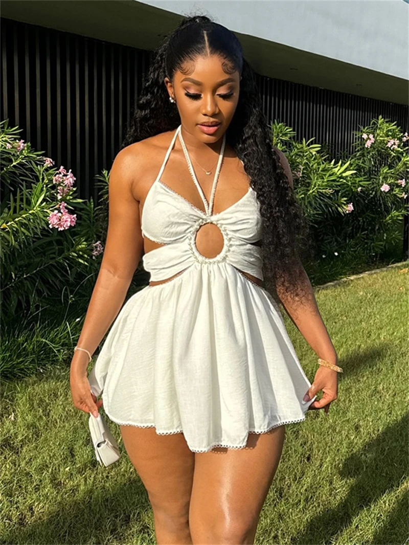 

Sexy Backless Halter Dress Summer Clothing Women Outfit Beading Hollow Out Mini A-Line Dresses Evening Party Club Dress Vestidos