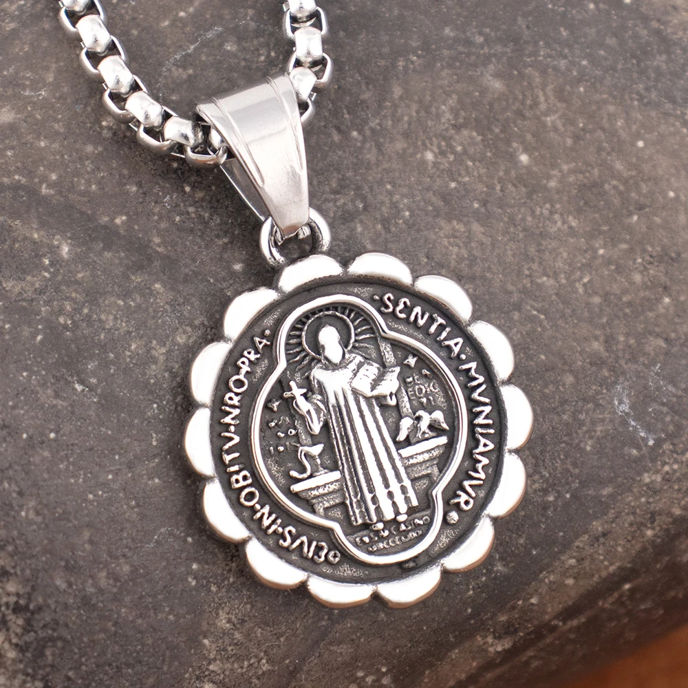 Vintage Style Exorcist Pendant Trendy Stainless Steel Catholic Saint Benedict Cross Necklace Amulet Religious Jewelry Wholesale