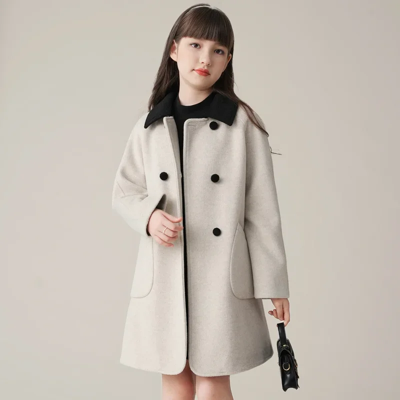 Woolen Coats Turn-down Collar Outerwear Beautiful Warm Thicken Winter Autumn Teenagers Children's Mid-Length Clothing E4503