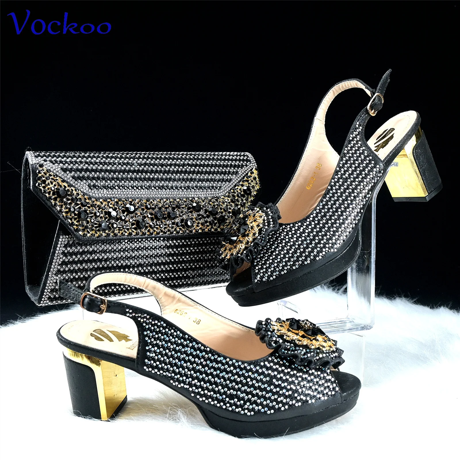 

2024 Special New Arrivals Italian Women Shoes and Bag to Match in Black Color with Platform Shinning Crystal Sandal for Wedding