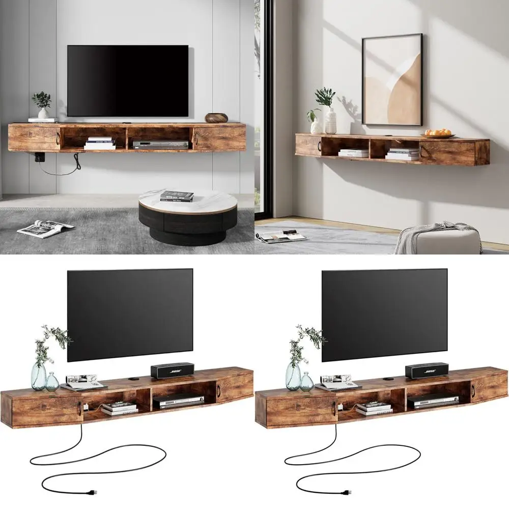 

70-дюймовая настенная тумба для телевизора в деревенском стиле, коричневого цвета, с местом для хранения и зарядной станцией для гостиной