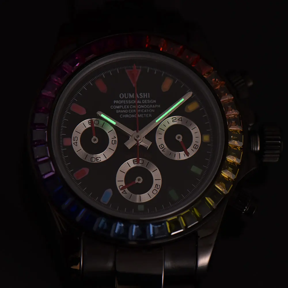 Orologio da uomo d'affari di lusso nero con movimento VK63 cronografo in vetro zaffiro con cassa in pietra preziosa colorata lunetta orologio da uomo d'affari su misura