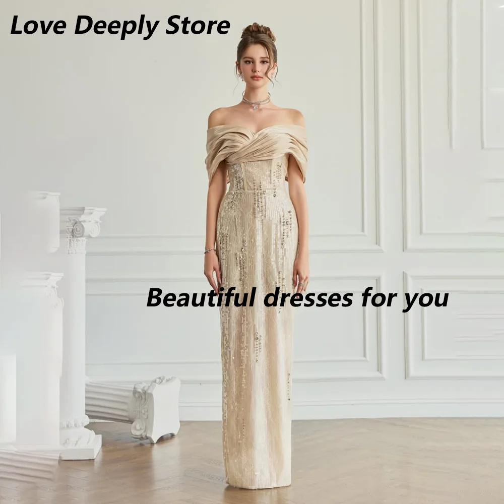 Customized Champagne Off The Shoulder Mother Of The Bride Gown Draped Sleeve Sequin Mermaid Wedding Evening Dress With Train