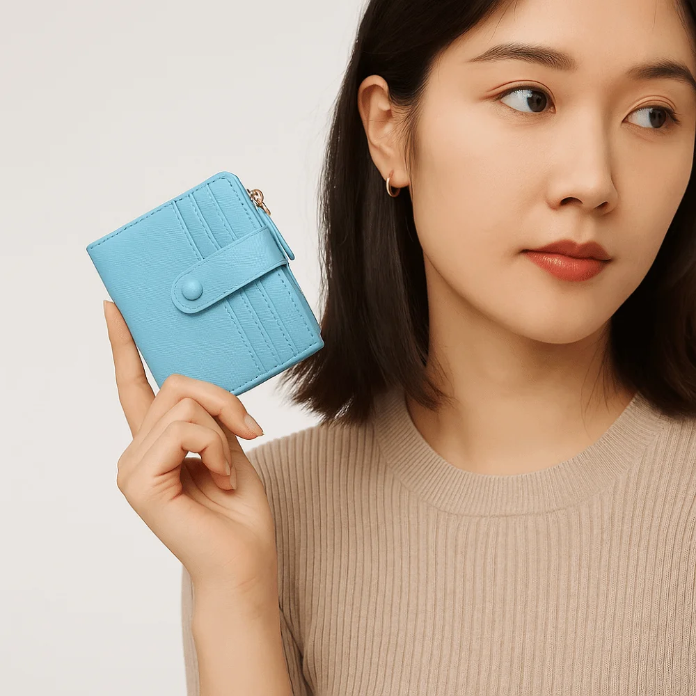 

Simple PU Leather Short Wallet Zipper Foldable Two Fold Wallet Multi-card Multifunctional Women Card Holder Students