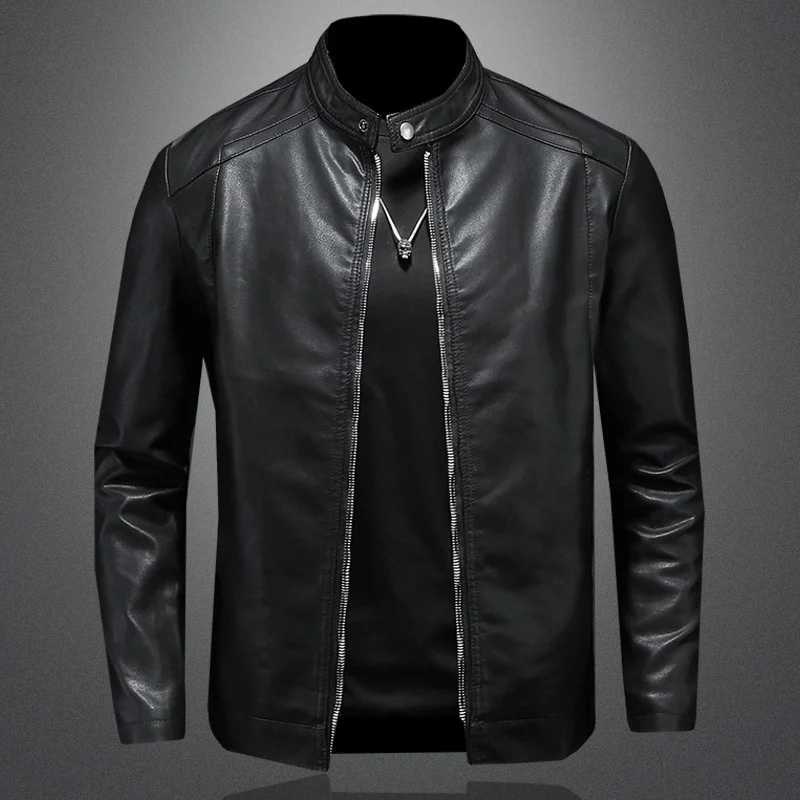 

Men's Motorcycle New Style Casual and Versatile Slim Fit Plus Velvet Thickened Large Size Leather Jacket