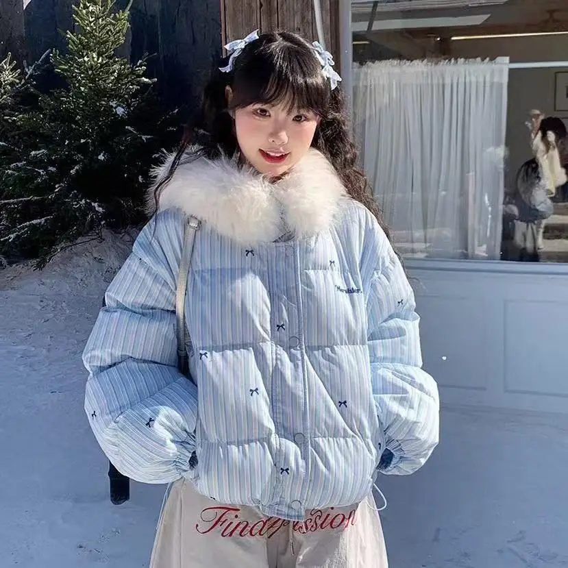 American Retro Style Long Sleeve Hooded Parkas Women Cat Ears Sweet Sweatshirt Vintage Faux Fur Collar Solid Color 2025 Winter