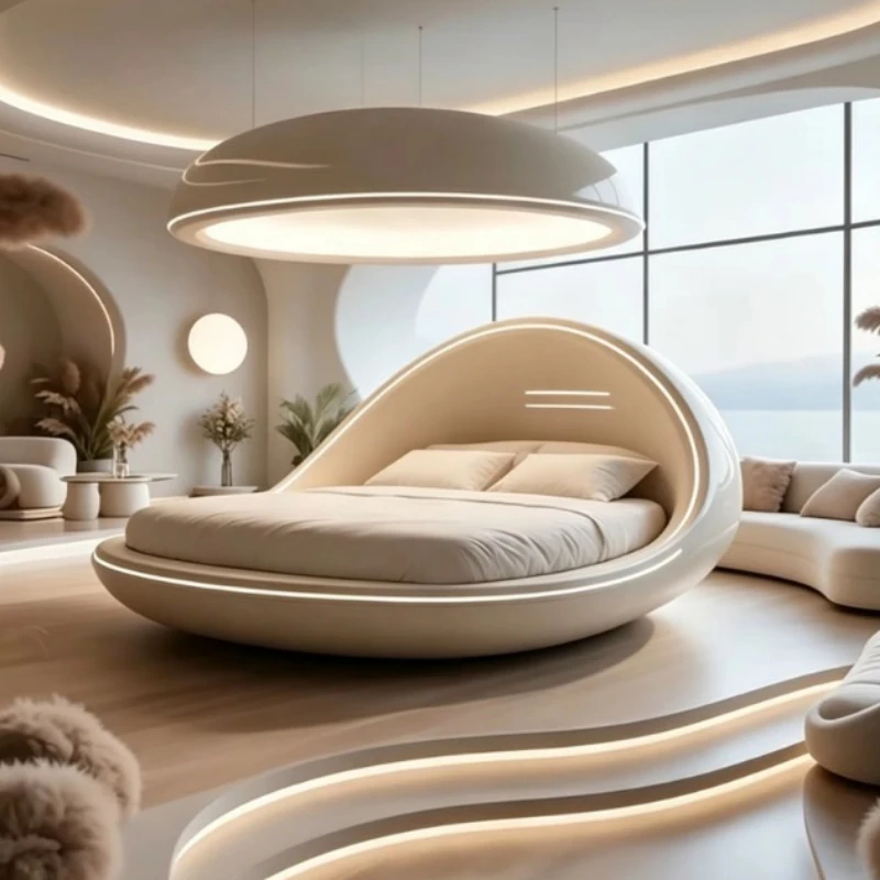 Cream teardrop-shaped fiberglass bed, built-in ambient LED light strip, curved closed frame, soft bedding
