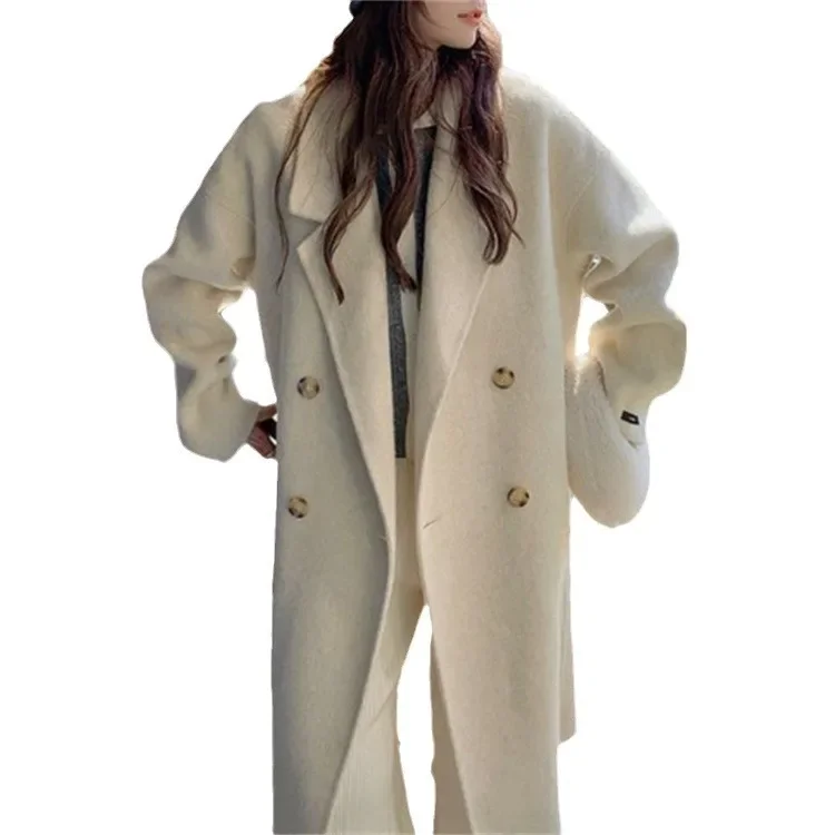 Beige White Coat for Women Autumn Winter New 2024 Senior Sense Korean Gentle Wind Long Solid Color Woolen Coat  Wind