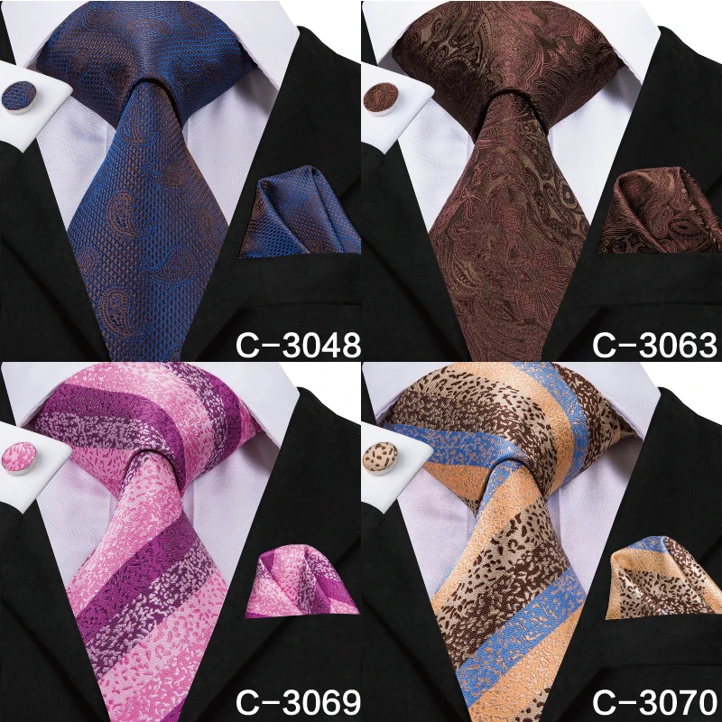 C-3014 Hi-Tie Men Tie Silk Necktie Plaid Brown Ties for Men High Quality Hanky Cufflinks Set Men\'s Wedding Pocket Square Tie Set