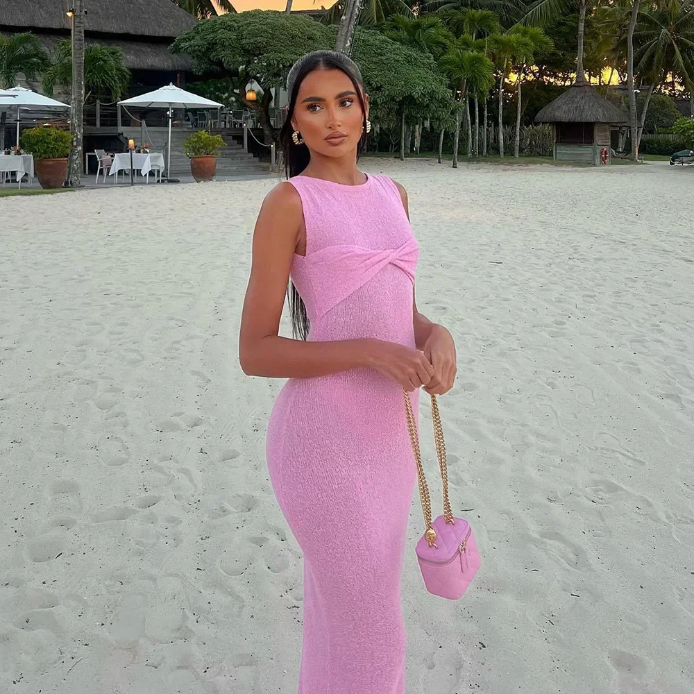 2024 Knitted Sexy See Through Summer Dress Bikinis Cover-ups Beach Cover Up Sleeveless Maxi Bodycon Dress Slim Beachwear