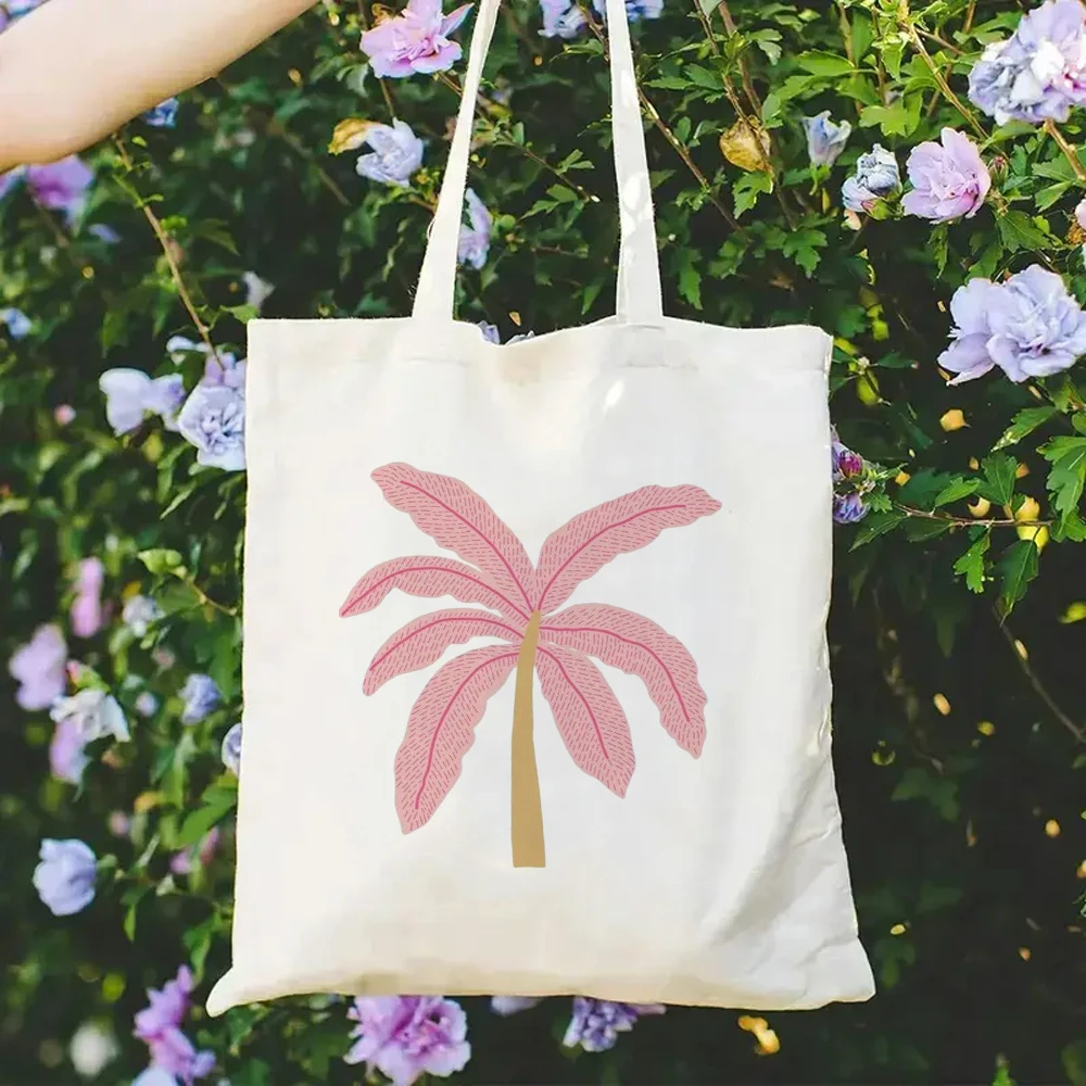 Pink Palm Tree Tote Minimalist Line Art Print Tropical Aesthetic Graphic Bag, Lightweight Shoulder Bag