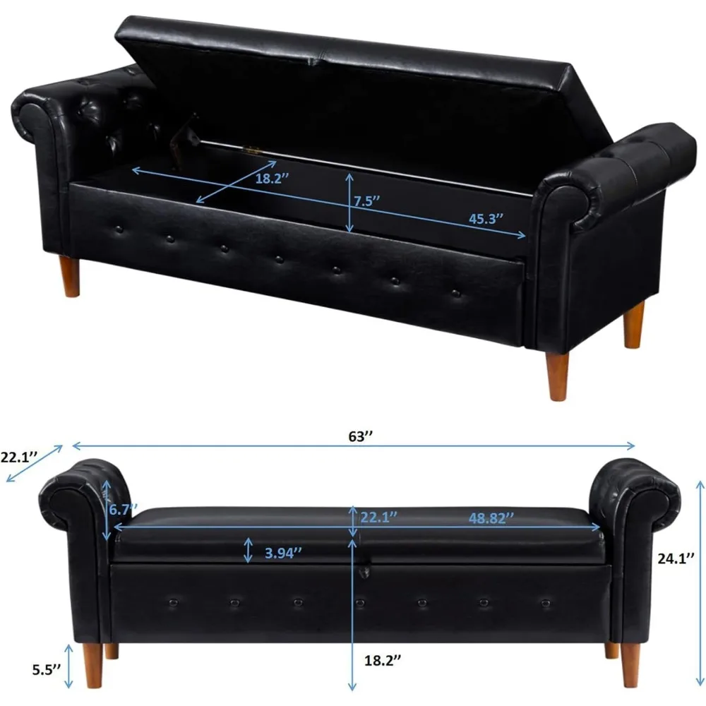 Bedroom End-of-Bed Storage Bench Rolled Armed PU Leather Ottoman Bench Window Seat Fireplace Toy Storage Bench, Black