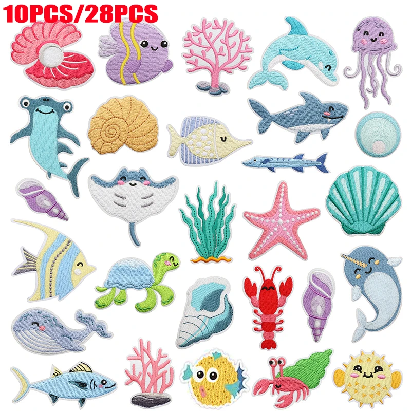 10PCS Marine Creature Embroidered Patches Iron On Patches For Clothes DIY Shark Dolphin Patch Jellyfish Conch Octopus Patch
