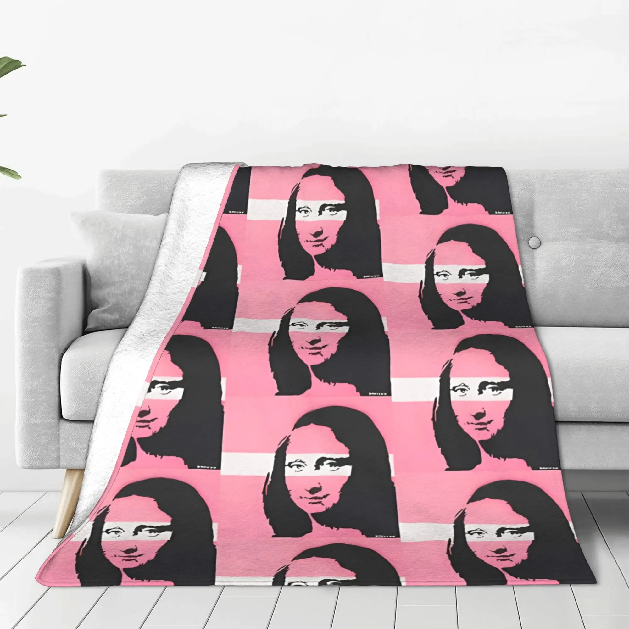 1PC Home Cutecore Banksy Mona Lisa Pink Graffiti Blanket Super Cosy Plush Home Living Room Sofa Halloween