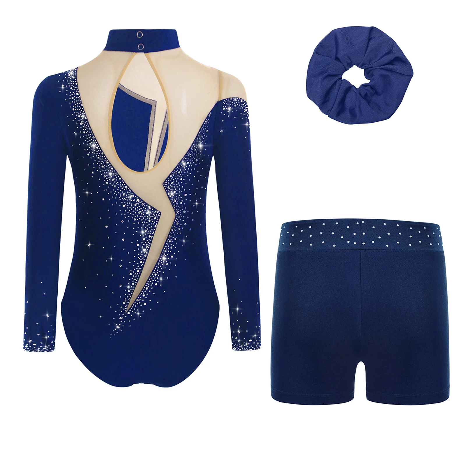 Costumi di pattinaggio di figura con strass scintillanti per ragazze Ginnastica Body per balletto Manica lunga Body in rete trasparente Pantaloncini Fascia per capelli