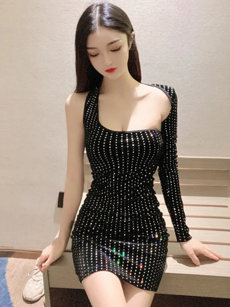 Women Dress Spring Autumn New Style Low cut Fashion Sexy Heavy Industry Diamond Inlaid Slimming and Skinny Bag Hip Dress
