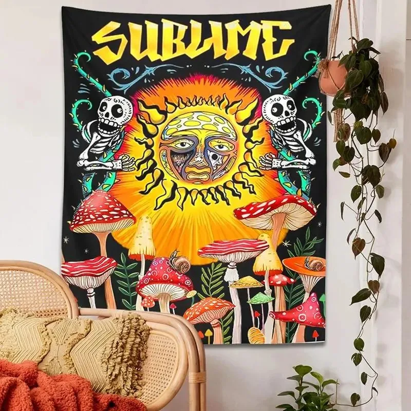 Psychedelic Mushroom Tapestry Wall Hanging Sun Cactus Sublime plant Hippie Vertical Tapestry Home Decor Bedspread Beach Shawl Polyester fabric,Birthday_ Valentine's Day_ Boyfriend Girlfriend _Chr