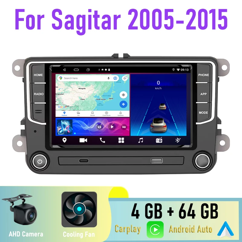 7" 4GB+64GB For VW Sagitar 2005-15 Car Radio Google Map Head Unit GPS Reversing Image Rear Camera Android 15 Auto