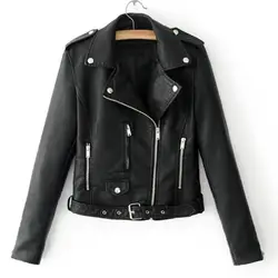 Veste de moto en cuir pour femme, manteau à revers, poche courte, manches longues, fermeture éclair, bouton